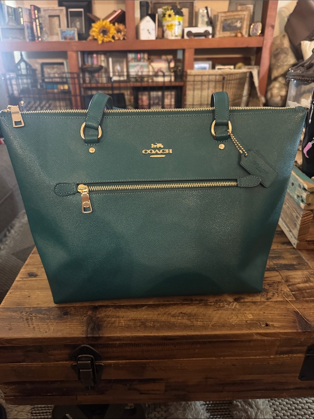 COACH Green Leather Zip-Top Tote with Gold Hardware NWT
